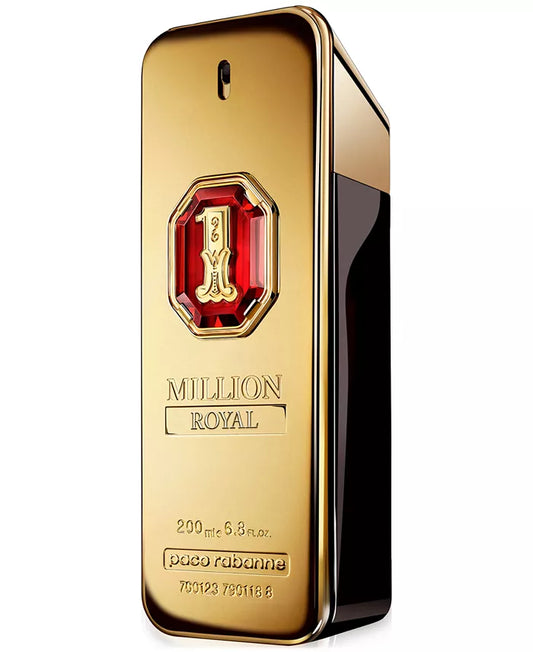 Gold perfume bottle with red gemstone and 'Million Royal' text on a white background