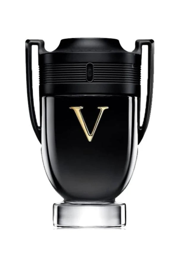 A black trophy-shaped perfume bottle with a gold letter V on the front, set against a plain white background.