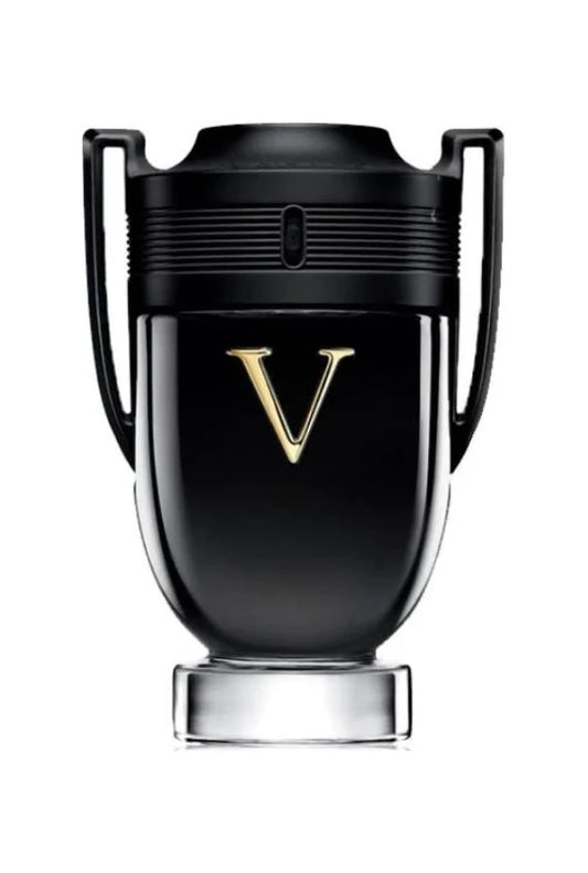 A black trophy-shaped perfume bottle with a gold letter V on the front, set against a plain white background.