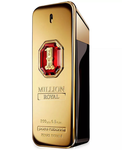 Gold perfume bottle with red gemstone and 'Million Royal' text on a white background