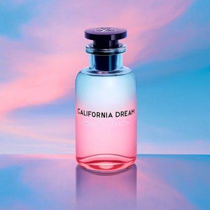 Perfume bottle labeled 'California Dream' by Louis Vuitton on a gradient background