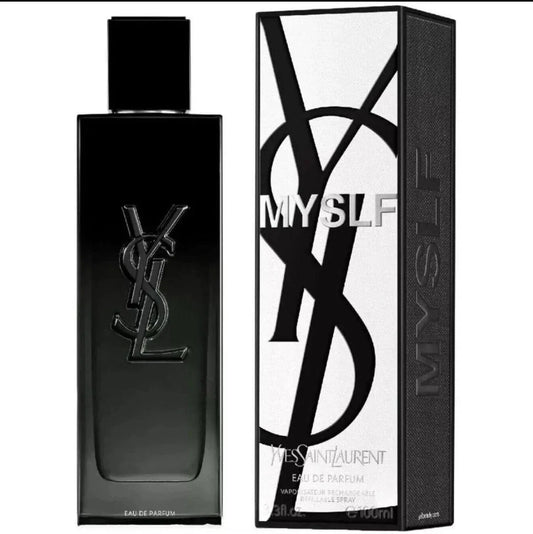 YSL Myslf Eau de Parfum bottle next to its retail box, featuring a black bottle and a black and white box with the YSL logo and 'MYSLF' text.